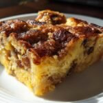 A close-up of a warm, golden slice of Irresistible Banana Bread Pudding Recipe with raisins on a white plate.