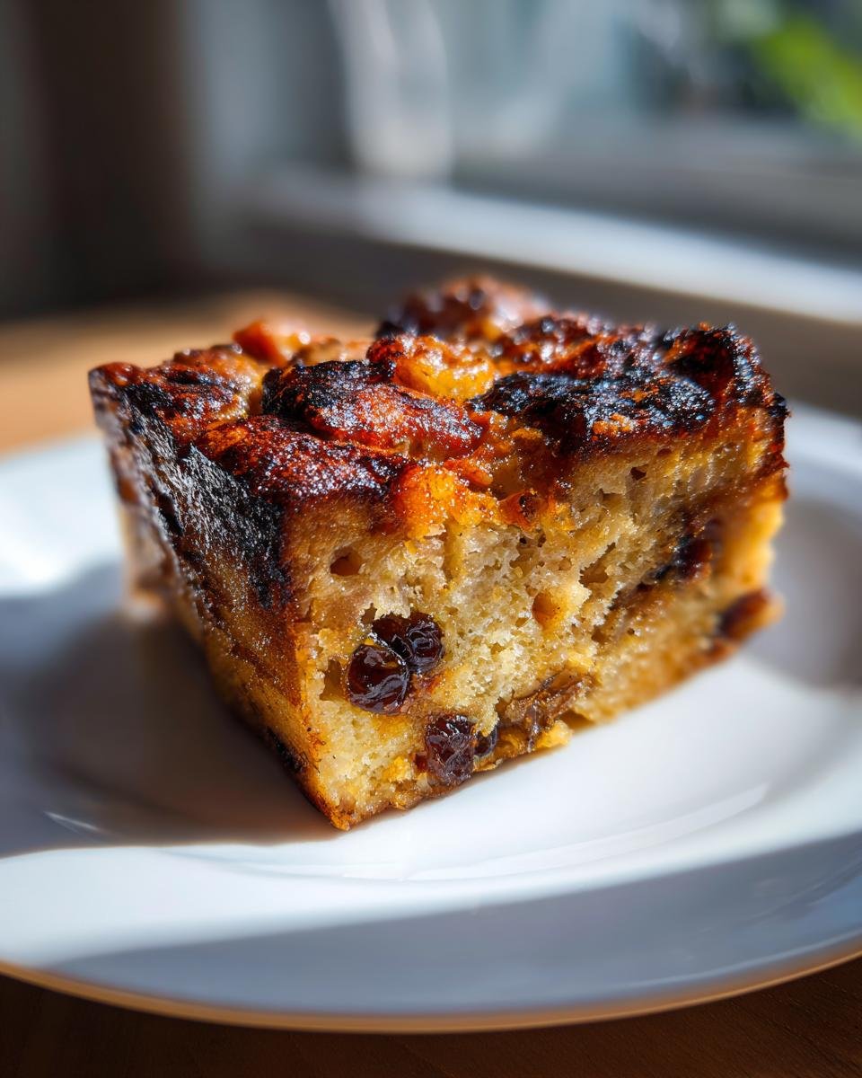 A close-up slice of Irresistible Banana Bread Pudding Recipe showing a caramelized top and raisins.