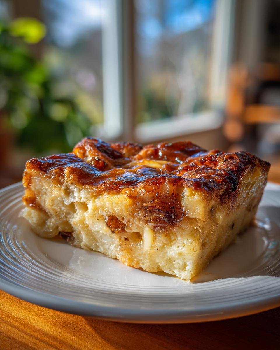 A close-up of a single serving slice of Irresistible Banana Bread Pudding Recipe with a caramelized, glossy top.