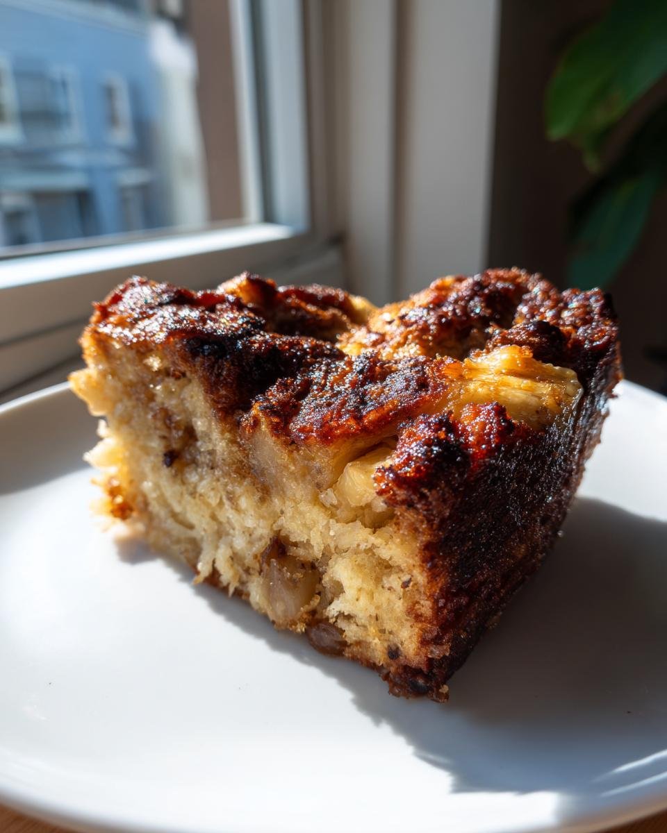 A close-up slice of Irresistible Banana Bread Pudding Recipe with a caramelized top, sitting on a white plate.