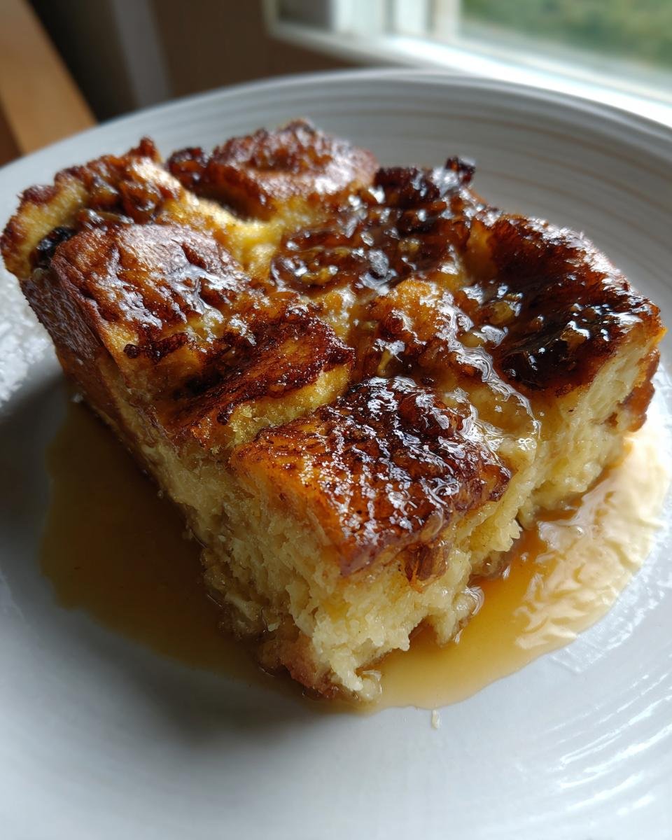 A moist slice of Irresistible Banana Bread Pudding topped with a rich, glossy caramel glaze.