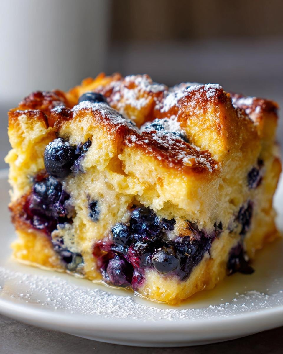 Close-up of a square serving of Irresistible Blueberry French Toast Casserole dusted with powdered sugar.