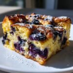 A close-up of a golden slice of Irresistible Blueberry French Toast Casserole dusted with powdered sugar.