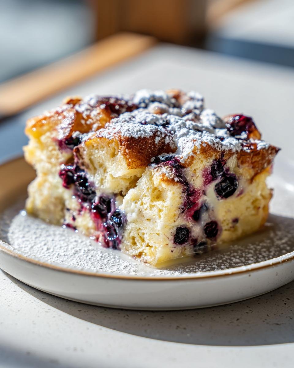 A close-up of a serving of Irresistible Blueberry French Toast Casserole topped with powdered sugar.
