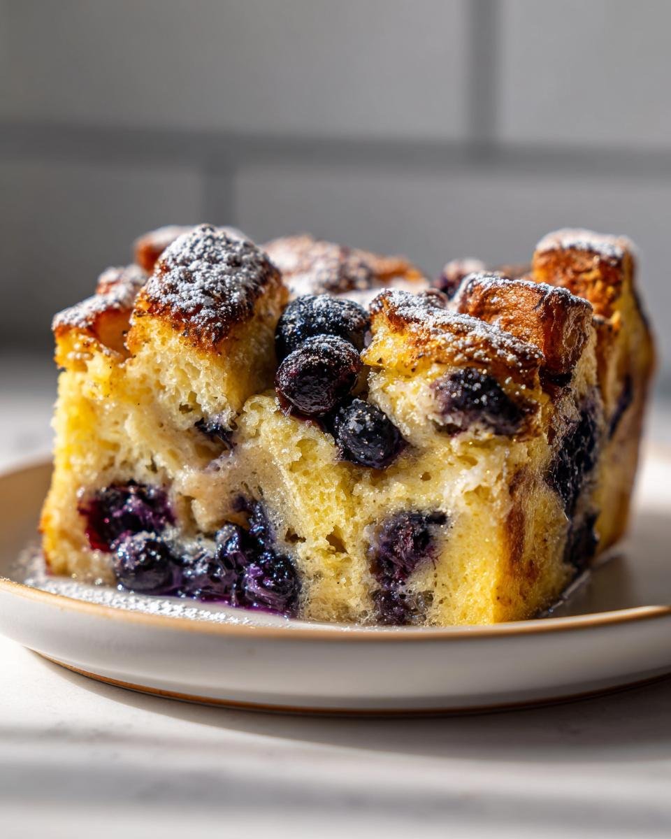 A close-up of a serving of Irresistible Blueberry French Toast Casserole dusted with powdered sugar.