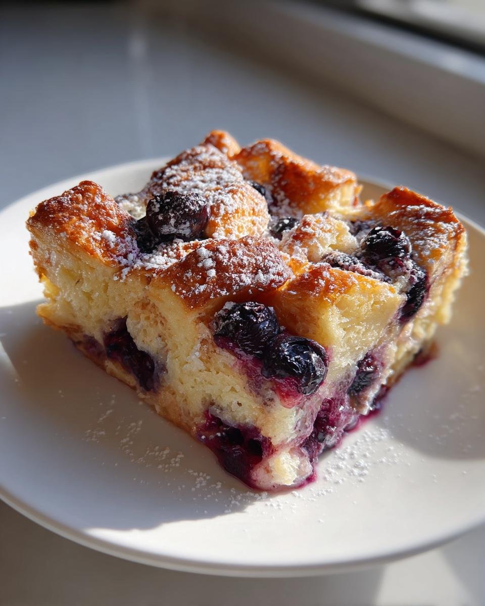 A golden-brown slice of Irresistible Blueberry French Toast Casserole topped with powdered sugar on a white plate.