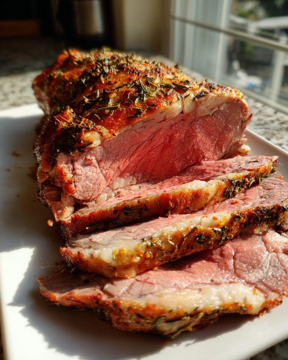 Close-up of a sliced, medium-rare Irresistible Boneless Leg Of Lamb Recipe with a herb crust.