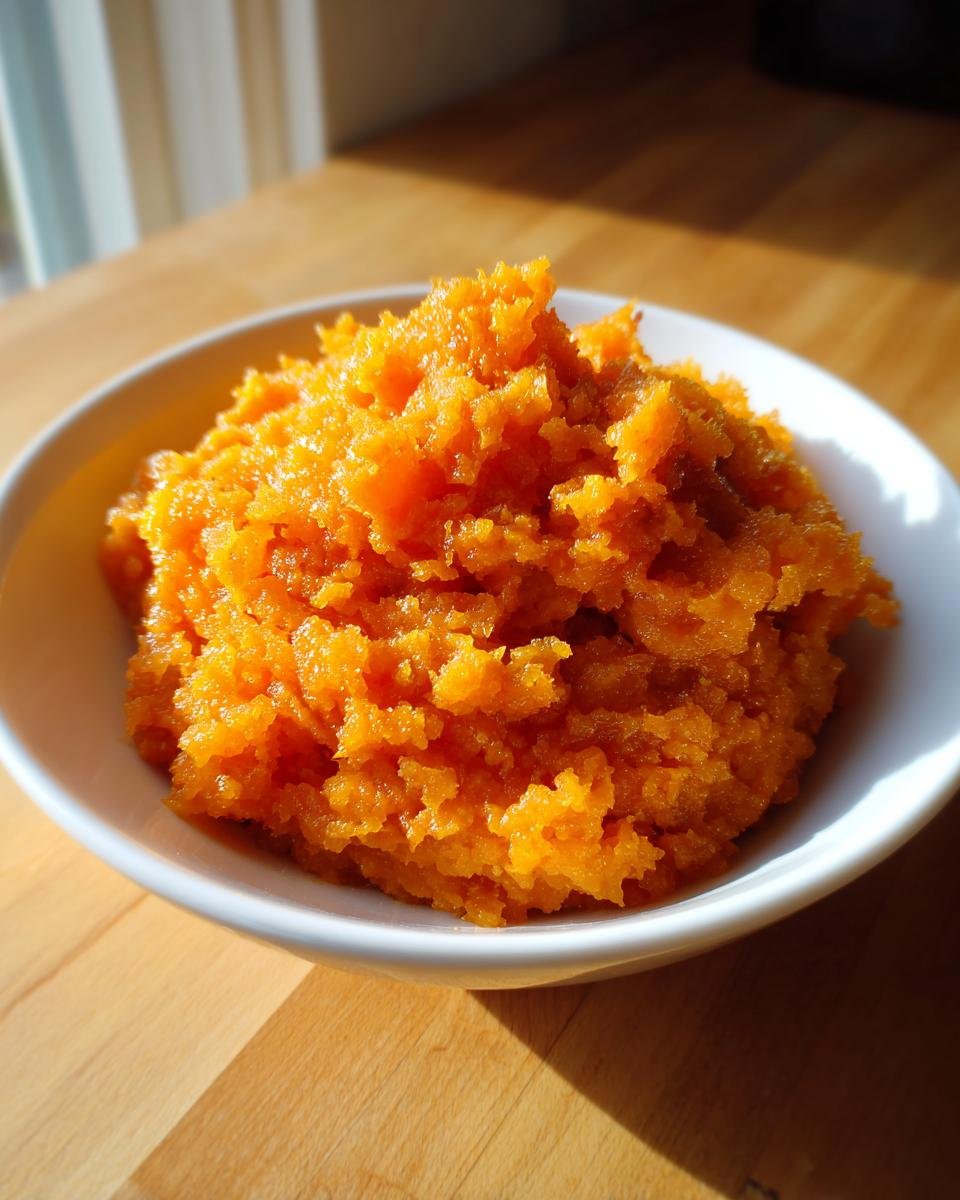 Close-up of vibrant orange, fluffy Irresistible Bourbon Brown Sugar Sweet Potato Mash served in a white bowl on a wooden table.