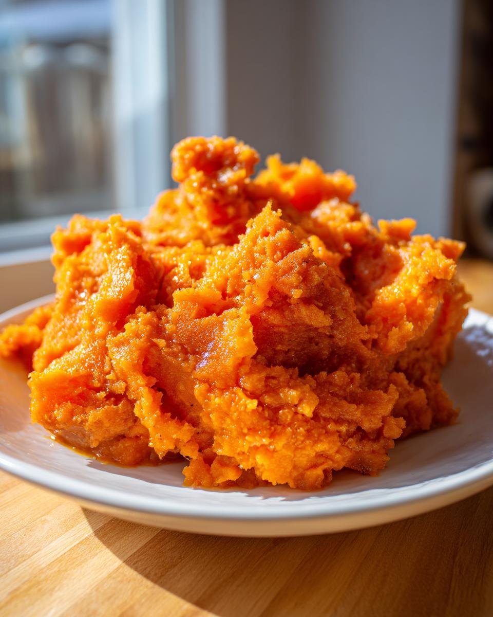 A mound of bright orange Irresistible Bourbon Brown Sugar Sweet Potato Mash served on a white plate.