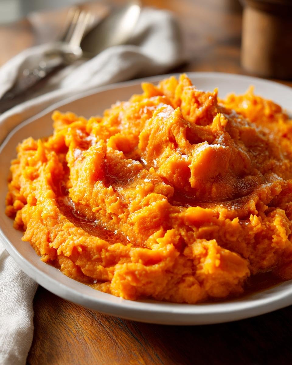 A close-up of creamy, bright orange Irresistible Bourbon Brown Sugar Sweet Potato Mash drizzled with syrup.