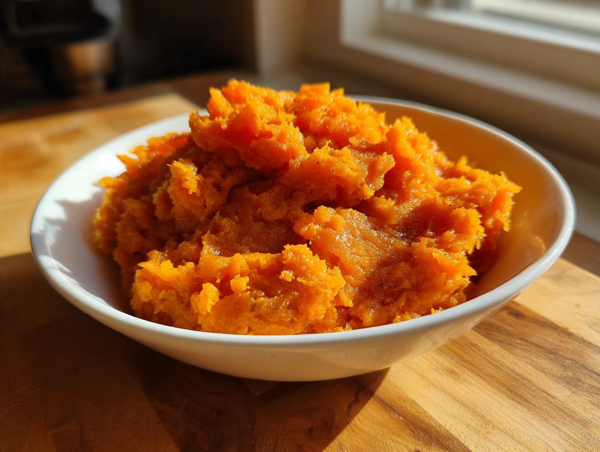 A close-up of rich, bright orange Irresistible Bourbon Brown Sugar Sweet Potato Mash served in a white bowl.