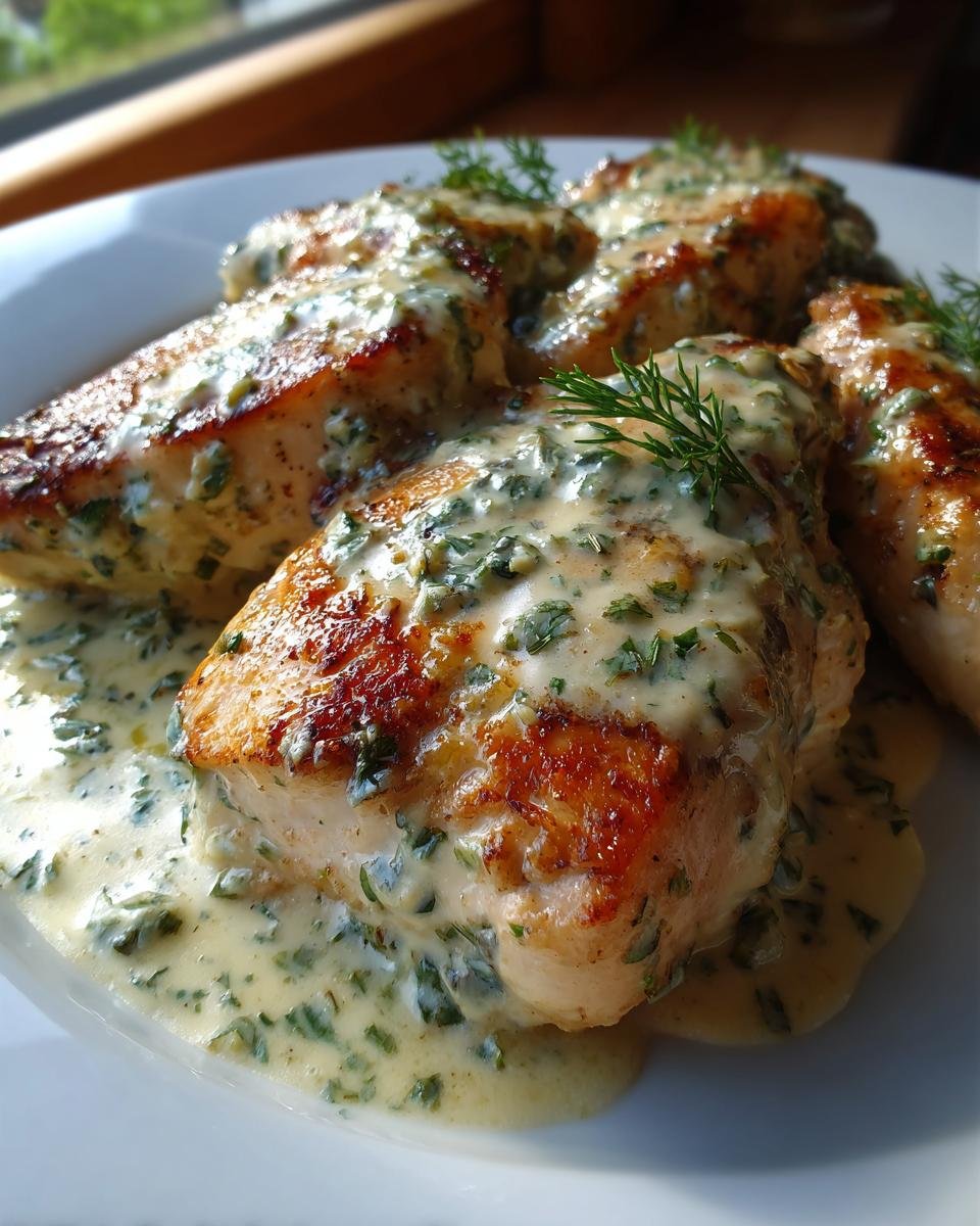 Close-up of seared chicken breasts smothered in a creamy, herb-flecked sauce, highlighting the Irresistible Boursin Chicken Quick Creamy Delight.