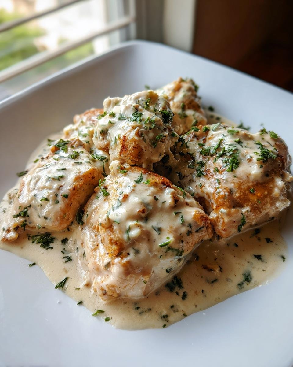 Plump chicken pieces smothered in a creamy Boursin sauce and sprinkled with fresh parsley.