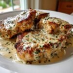 Four pieces of seared chicken breast covered in a creamy Boursin sauce with herbs, representing Irresistible Boursin Chicken Quick Creamy Delight.