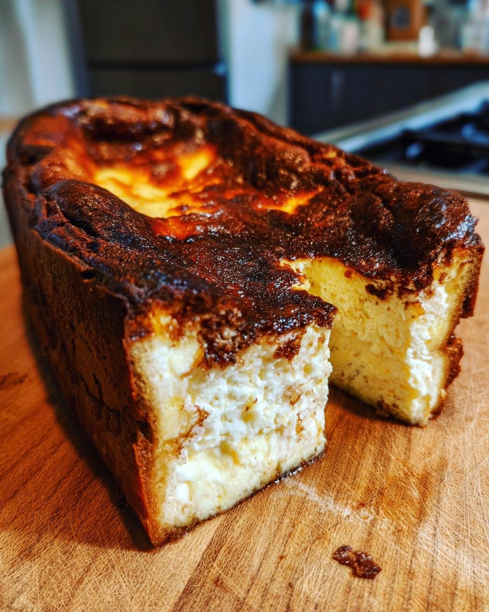 A slice cut from an Irresistible Burnt Basque Cheesecake baked in a loaf pan, showing the creamy interior and dark caramelized top.