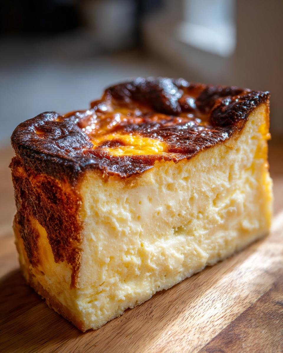 A close-up slice of Irresistible Burnt Basque Cheesecake showing the creamy interior and deeply caramelized top.