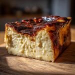 Cross-section of an Irresistible Burnt Basque Cheesecake baked in a loaf pan, showing a creamy interior and dark caramelized top.
