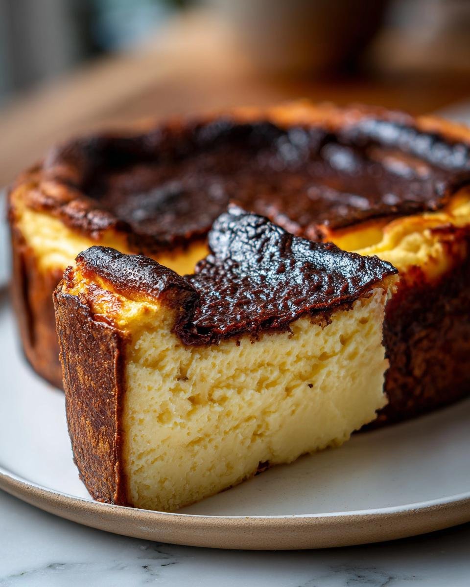 A close-up of a slice of Irresistible Burnt Basque Cheesecake showing the creamy interior and deeply caramelized top.