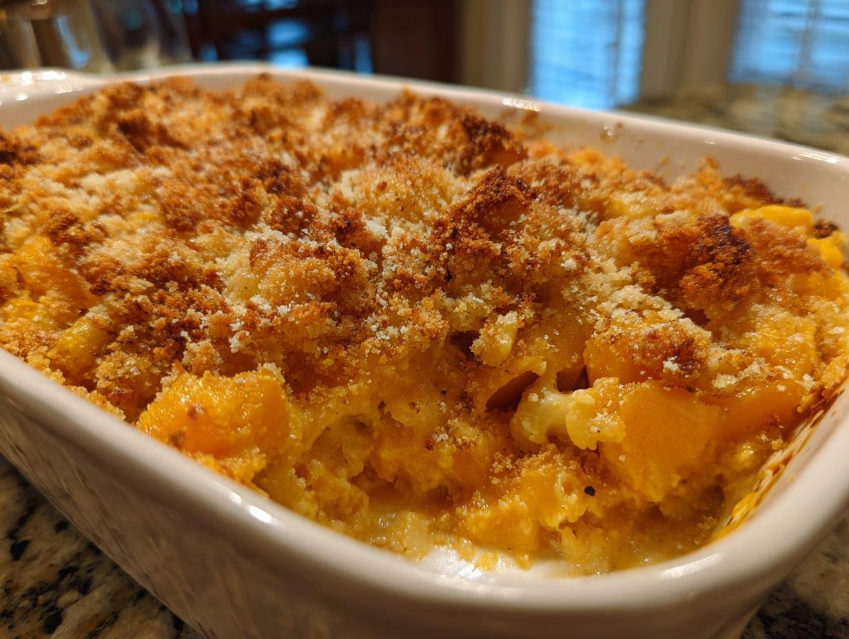 Close-up of an Irresistible Butternut Squash Casserole baked in a white dish with a golden brown, crunchy crumb topping.
