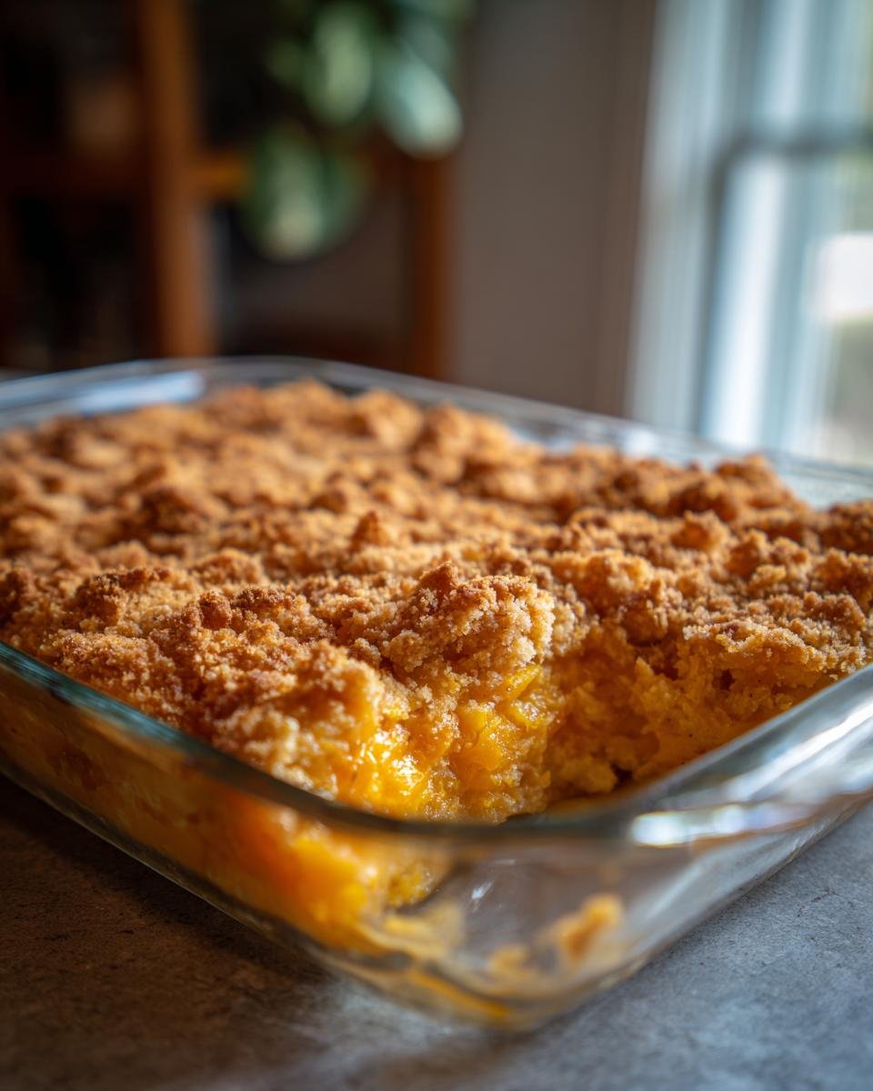 Close-up of an Irresistible Butternut Squash Casserole in a glass dish with a thick, golden brown crumble topping.