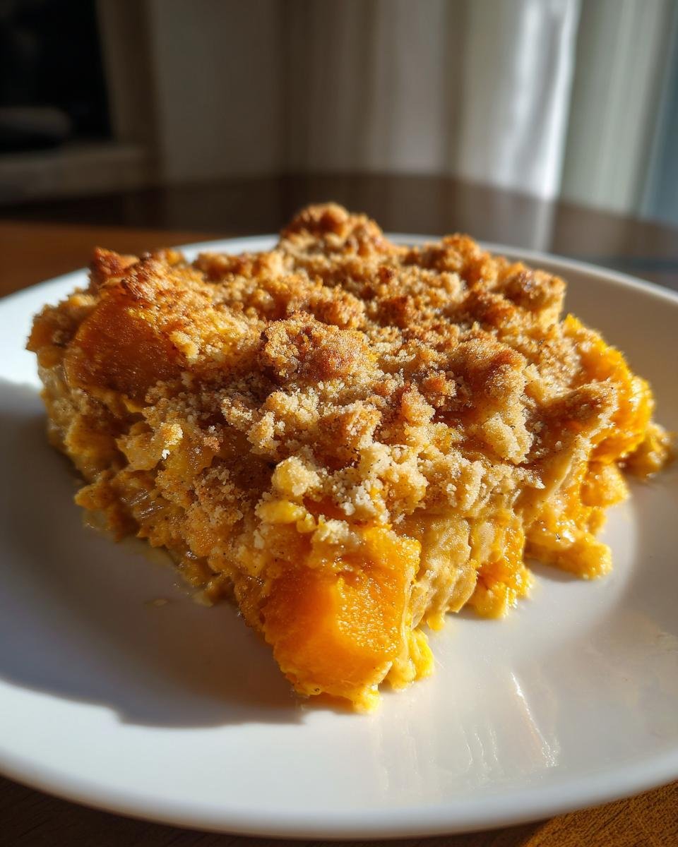 A close-up serving of Irresistible Butternut Squash Casserole with a golden brown crumble topping.