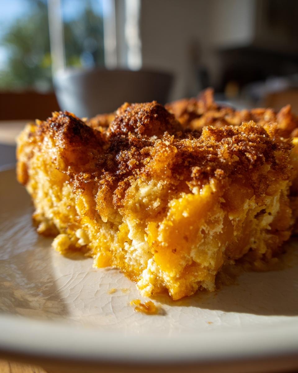 A close-up, sunlit serving of Irresistible Butternut Squash Casserole with a crunchy, spiced topping.
