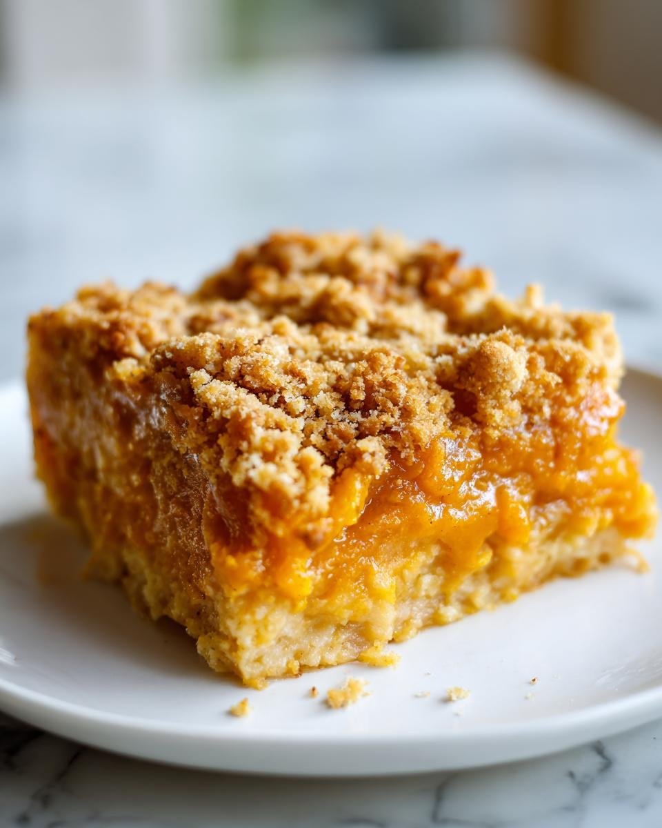 A close-up of a square slice of Irresistible Butternut Squash Casserole with a thick, vibrant orange filling and a golden brown crumb topping.