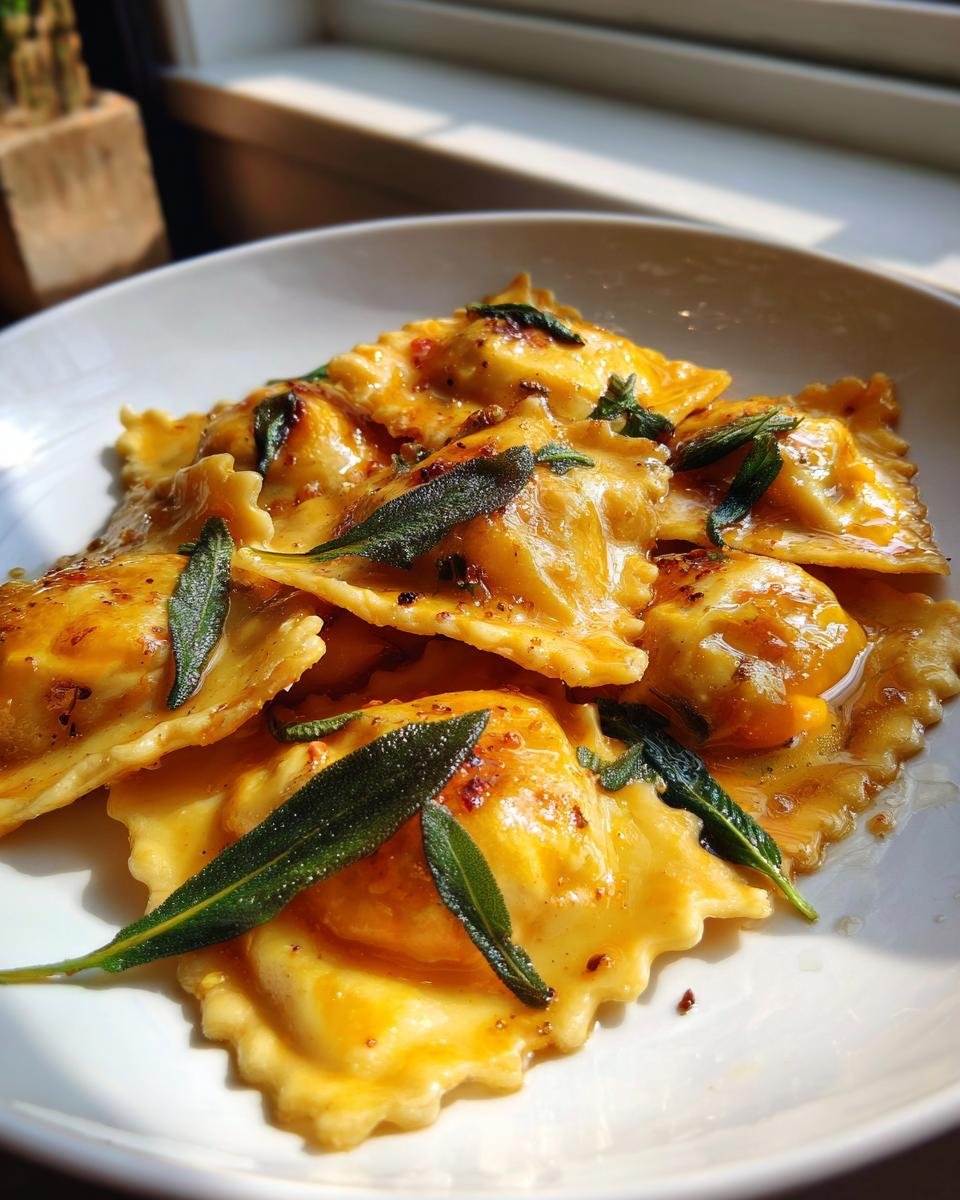Close-up of Irresistible Butternut Squash Sage Ravioli tossed in brown butter sauce and topped with crispy sage leaves.