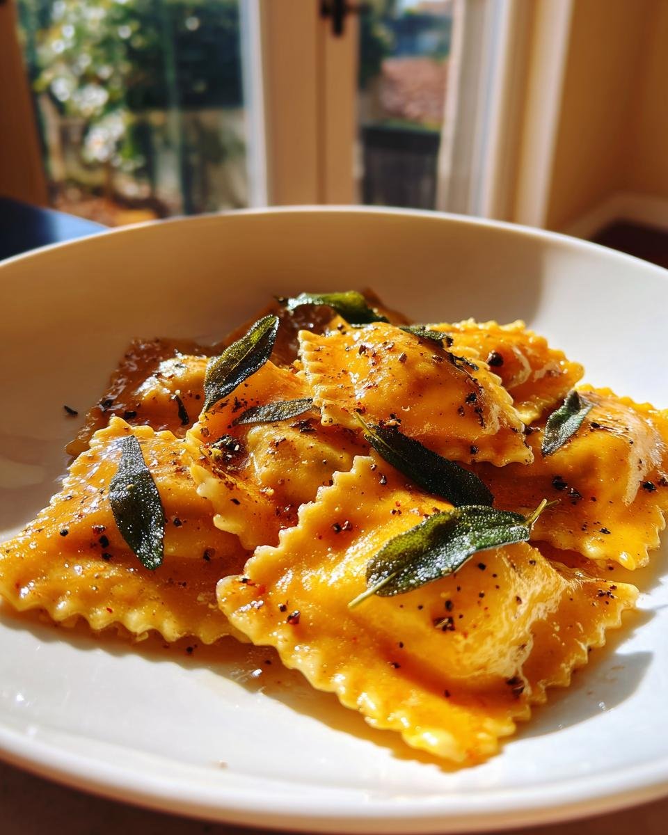 Close-up of Irresistible Butternut Squash Sage Ravioli tossed in brown butter sauce and topped with crispy sage leaves.