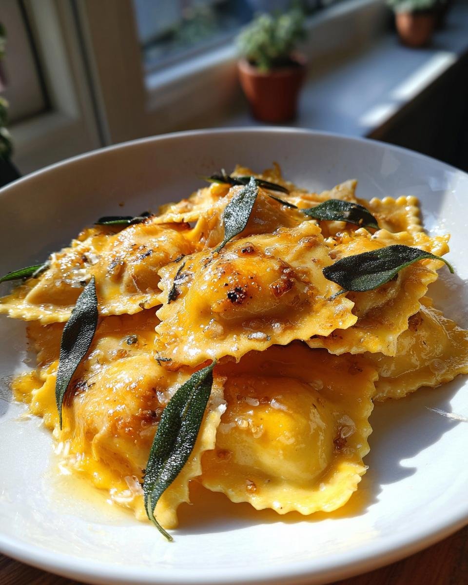 A close-up of golden Irresistible Butternut Squash Sage Ravioli tossed in brown butter and topped with crispy sage leaves.