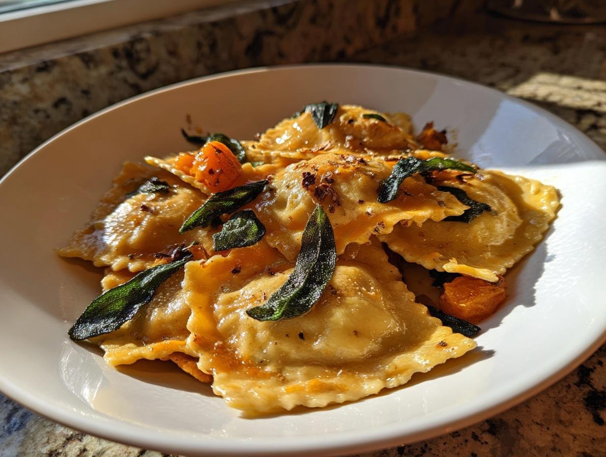 A close-up of Irresistible Butternut Squash Sage Ravioli topped with crispy sage leaves and browned butter.