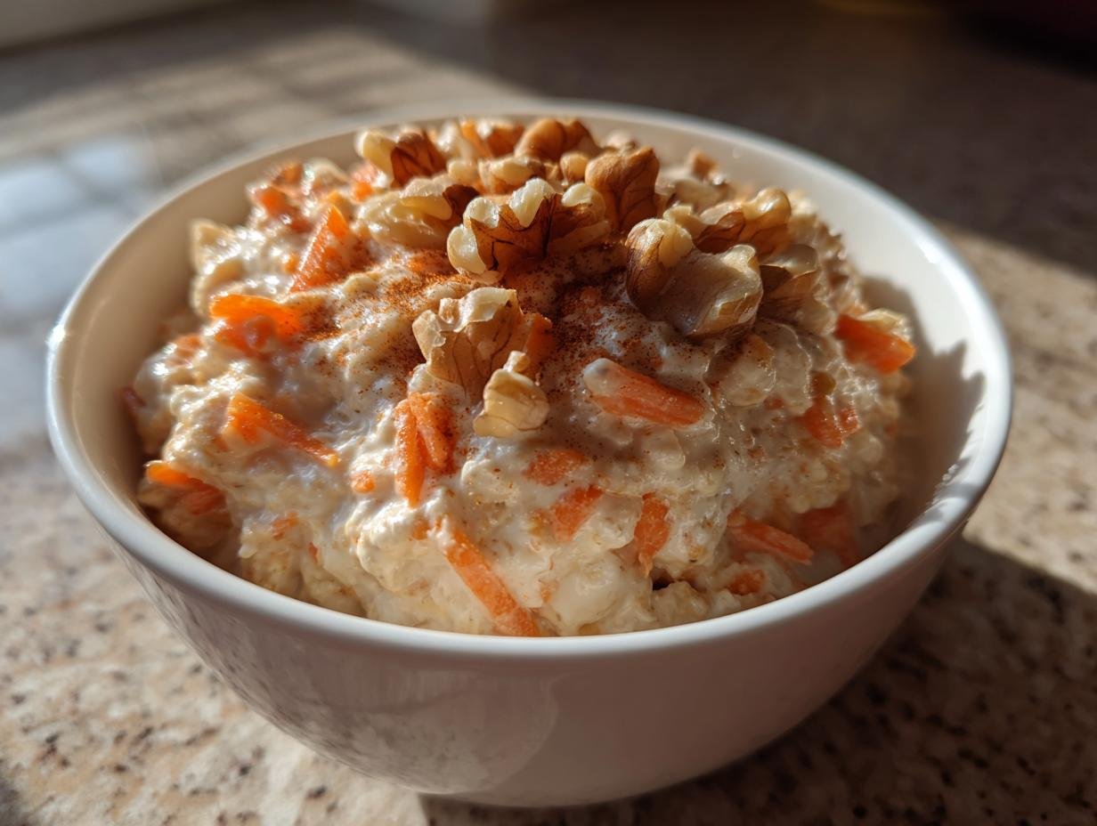 A white bowl filled with Irresistible Carrot Cake Overnight Oats topped with walnuts and cinnamon.