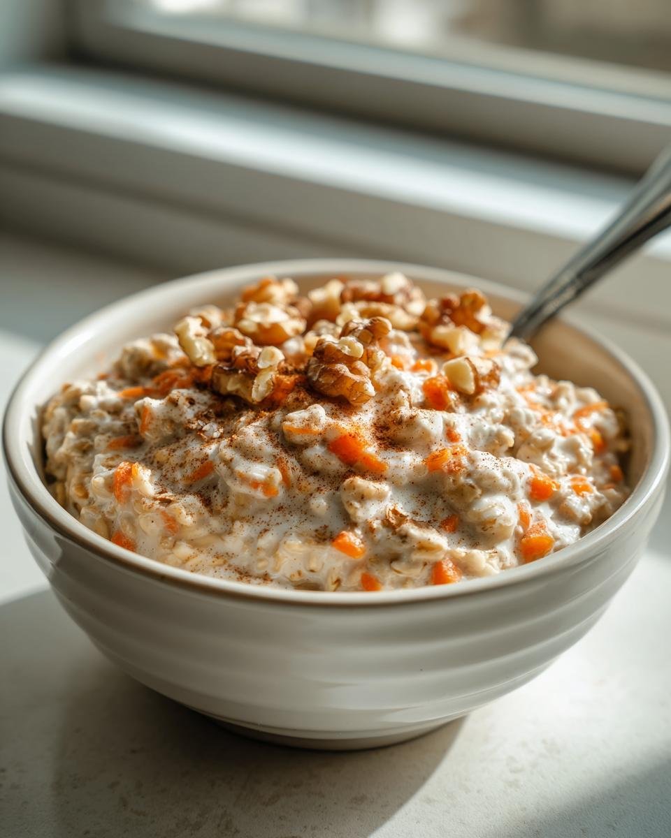 Close-up of Irresistible Carrot Cake Overnight Oats topped with walnuts and cinnamon.