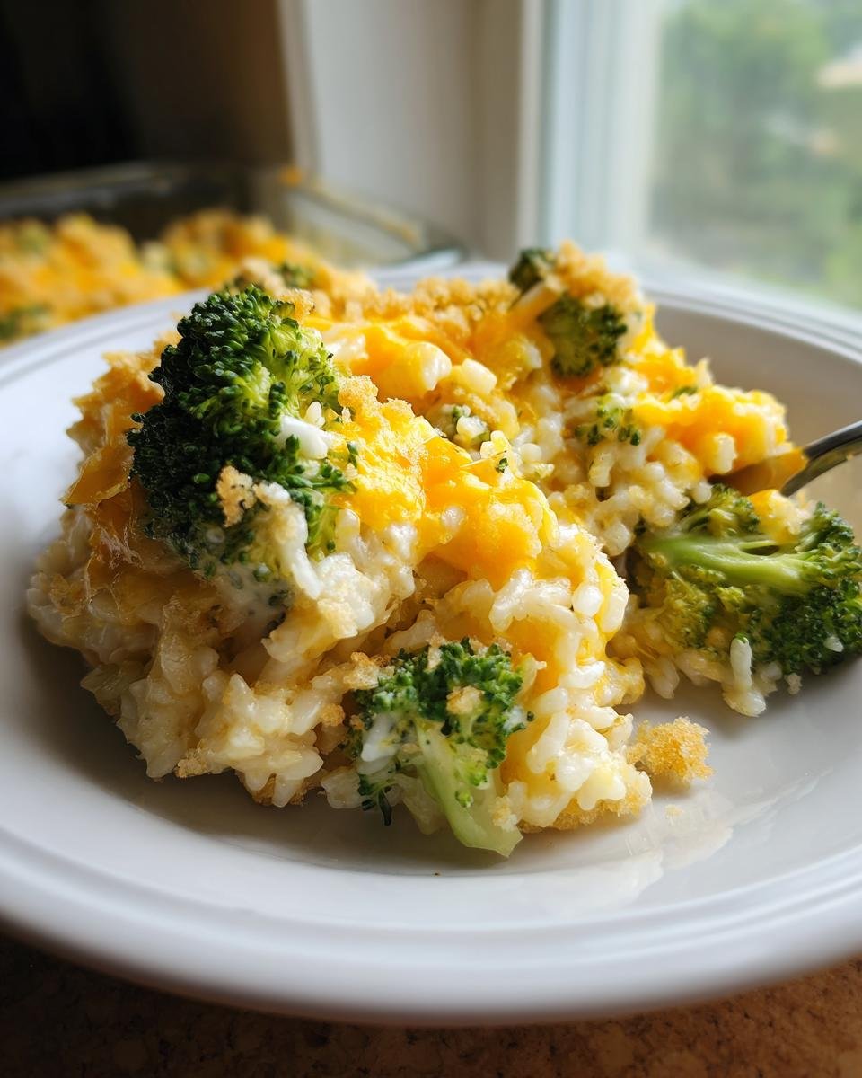A close-up serving of Irresistible Cheesy Broccoli Rice Casserole topped with melted cheddar and breadcrumbs.