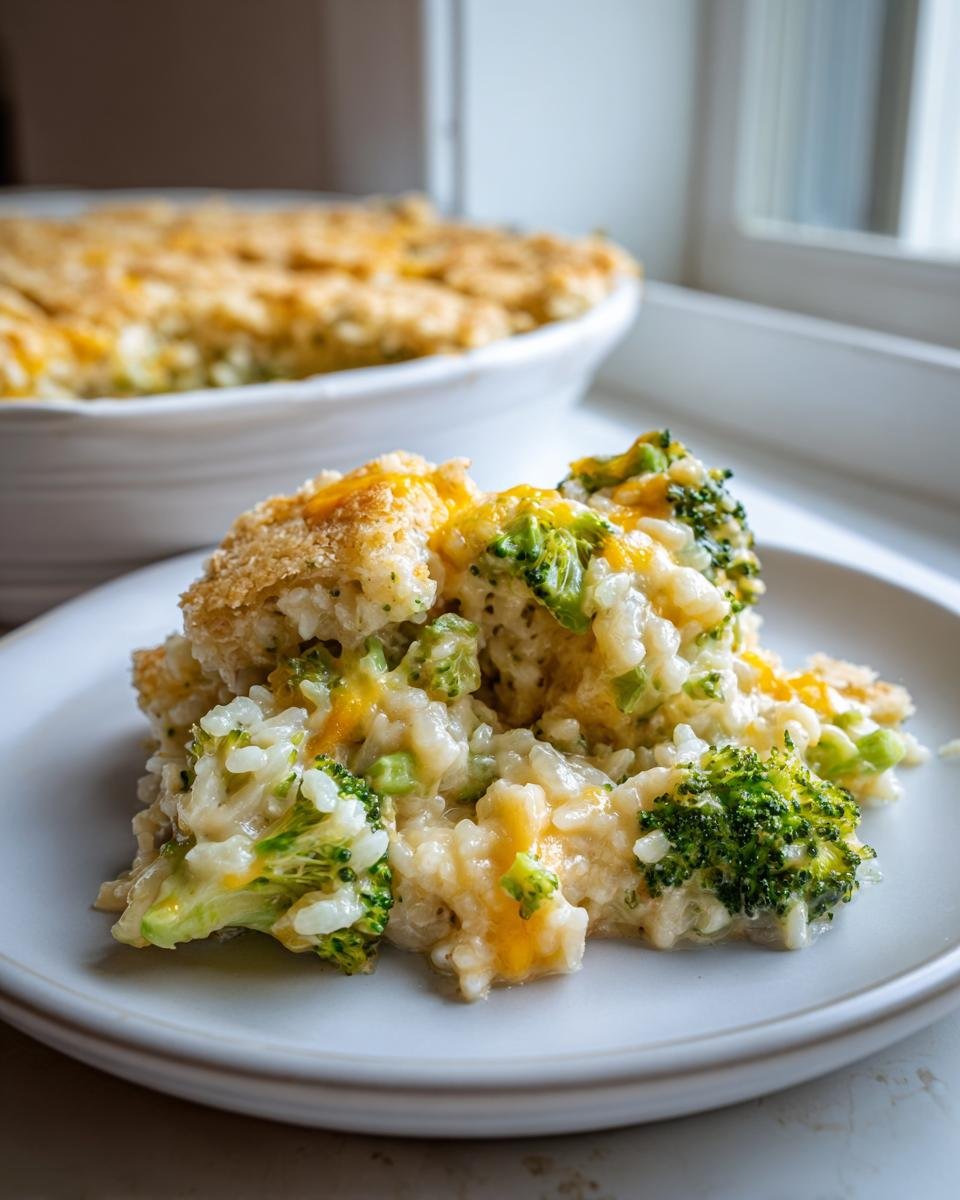 A close-up serving of Irresistible Cheesy Broccoli Rice Casserole on a white plate, showing creamy rice, bright green broccoli, and melted cheddar.