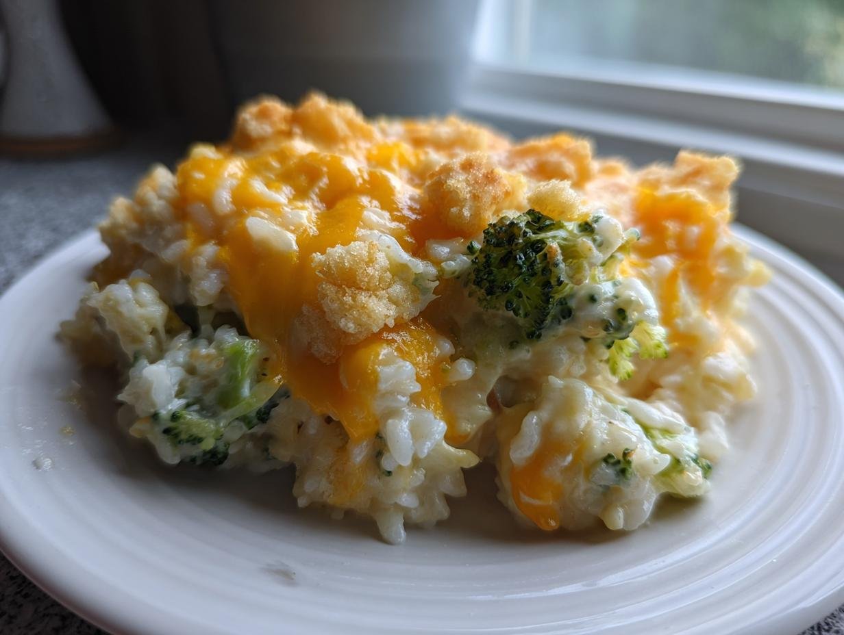 A close-up of a serving of Irresistible Cheesy Broccoli Rice Casserole topped with melted cheddar and crunchy breadcrumbs.