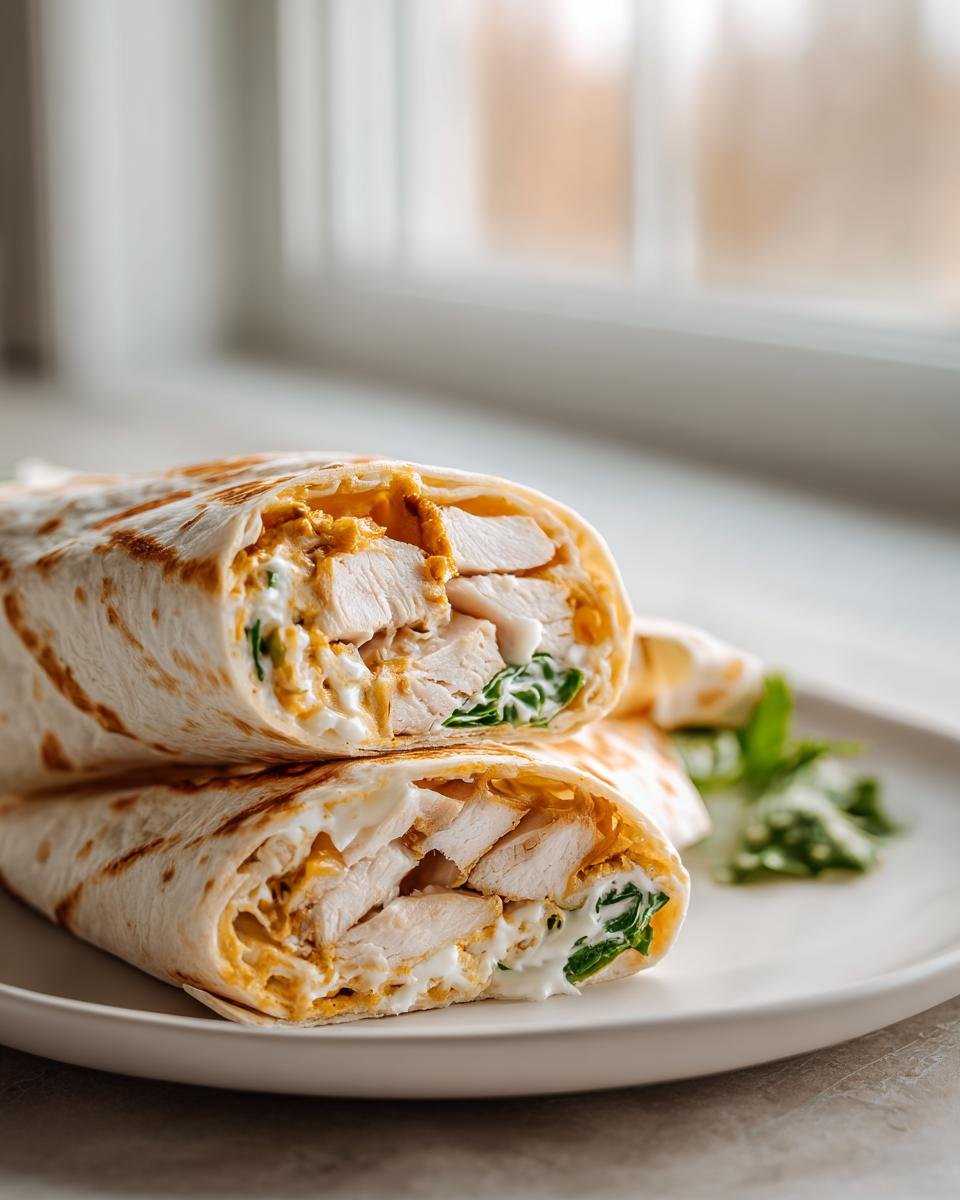 Two halves of an Irresistible Cheesy Garlic Chicken Wrap, showing sliced chicken, creamy sauce, and spinach inside a toasted tortilla.