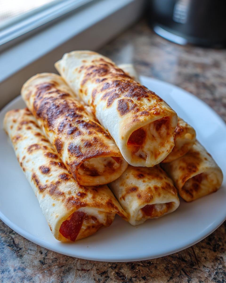 A stack of golden-brown Irresistible Cheesy Pepperoni Pizza Roll Ups piled on a white plate.