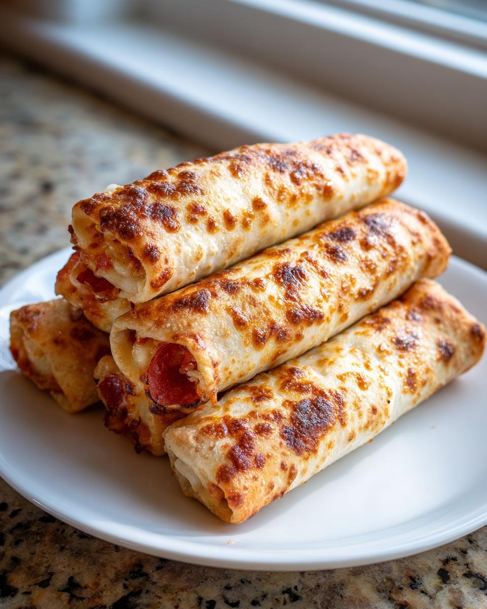 A stack of golden-brown, baked Irresistible Cheesy Pepperoni Pizza Roll Ups piled on a white plate.