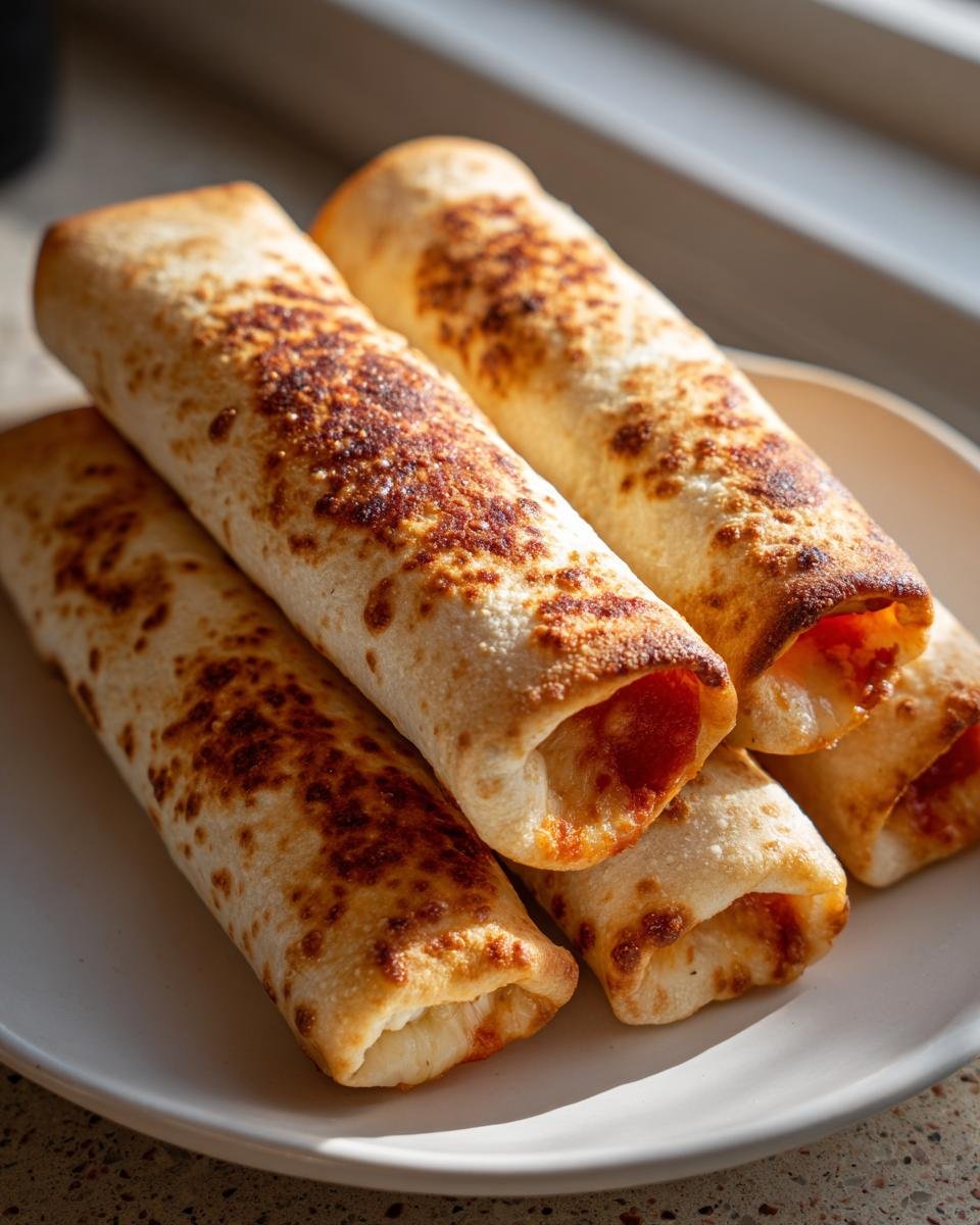 Close-up of golden brown Irresistible Cheesy Pepperoni Pizza Roll Ups stacked on a white plate.