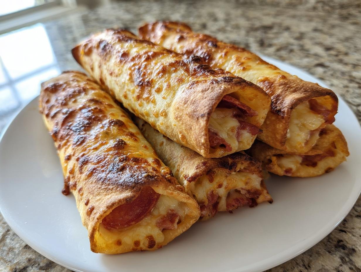 A stack of golden-brown Irresistible Cheesy Pepperoni Pizza Roll Ups filled with melted cheese and pepperoni.