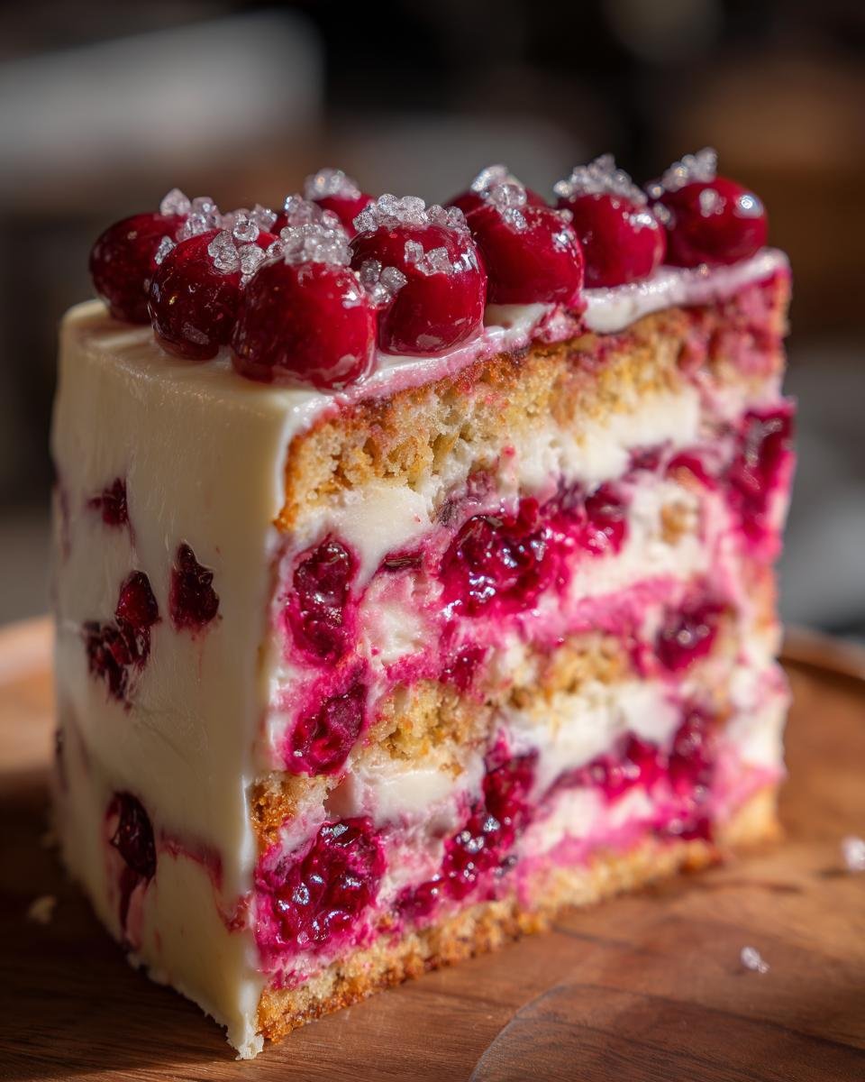 Close-up of a slice of Irresistible Cherry Layer Cake With Cream Cheese Frosting showing layers of cake, white frosting, and bright red cherries.