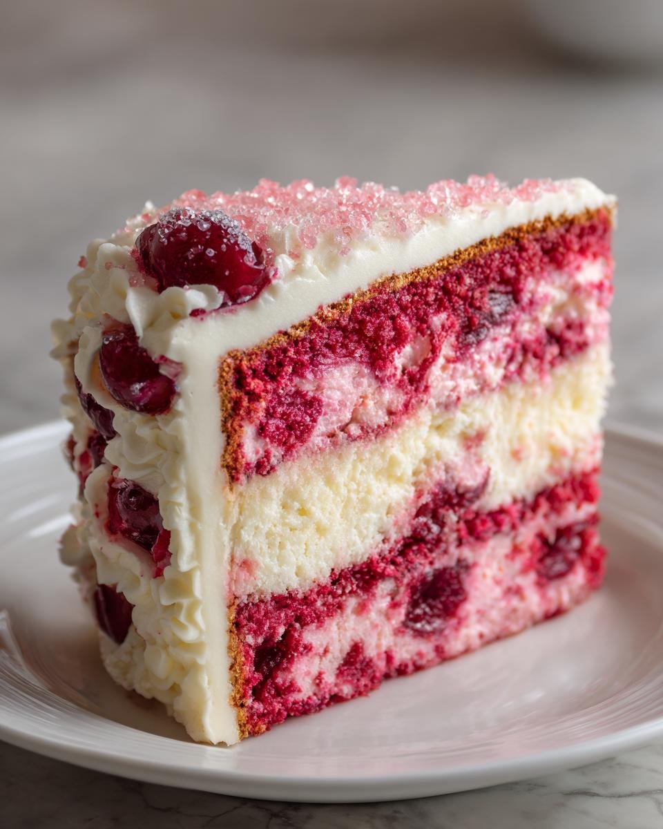 A tall slice of Irresistible Cherry Layer Cake With Cream Cheese Frosting showing layers of red cake and white filling, topped with cherries.