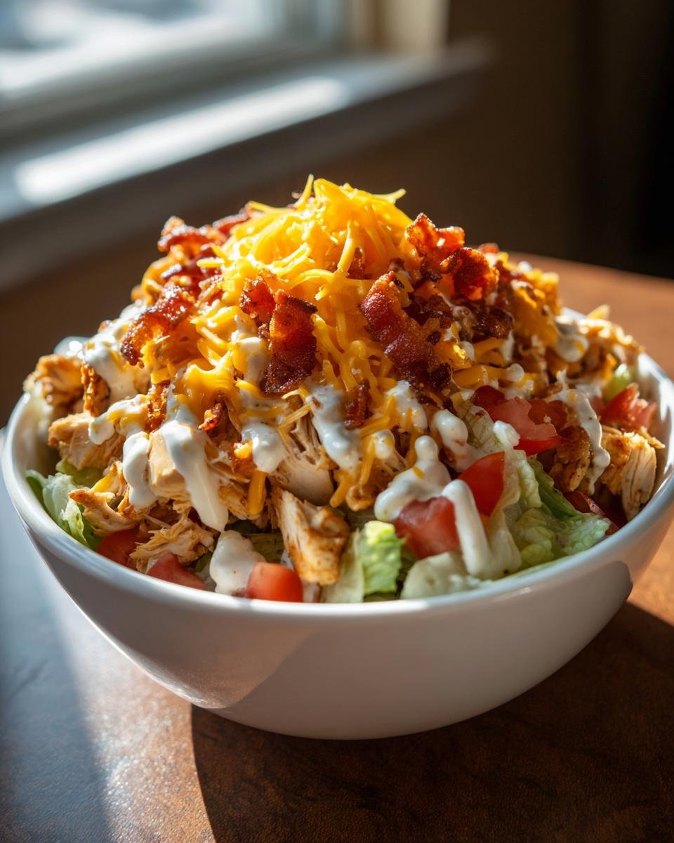 A close-up of an Irresistible Chicken Bacon Ranch Bowl topped with shredded cheese, bacon, and ranch dressing.