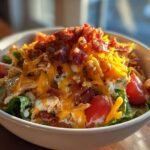 A close-up of an Irresistible Chicken Bacon Ranch Bowl topped with shredded chicken, cheddar cheese, bacon bits, and ranch dressing.