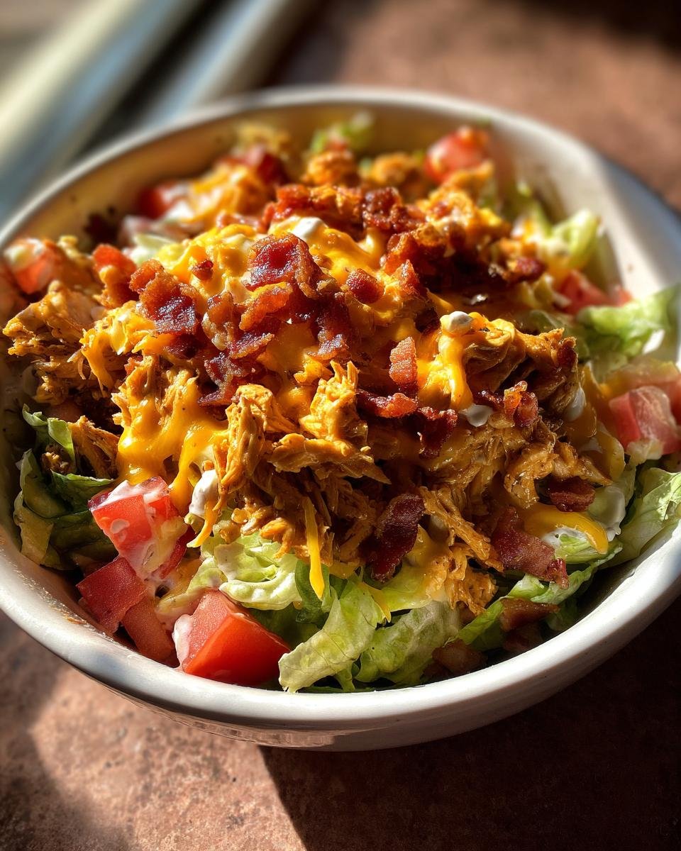 A close-up of an Irresistible Chicken Bacon Ranch Bowls Recipe featuring shredded chicken, melted cheese, bacon bits, and tomatoes over lettuce.