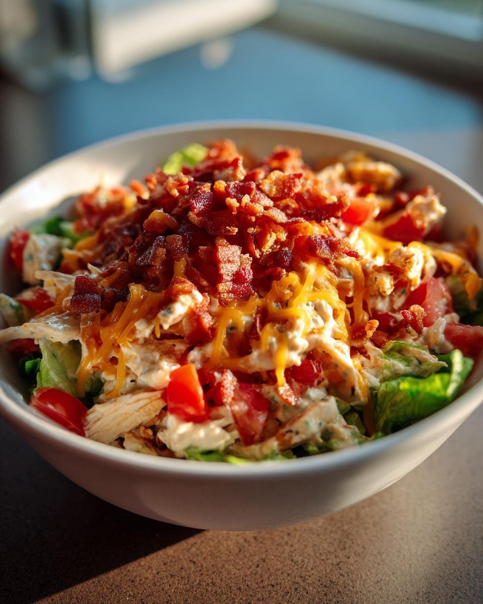 A close-up of an Irresistible Chicken Bacon Ranch Bowls Recipe topped with crispy bacon and shredded cheese.
