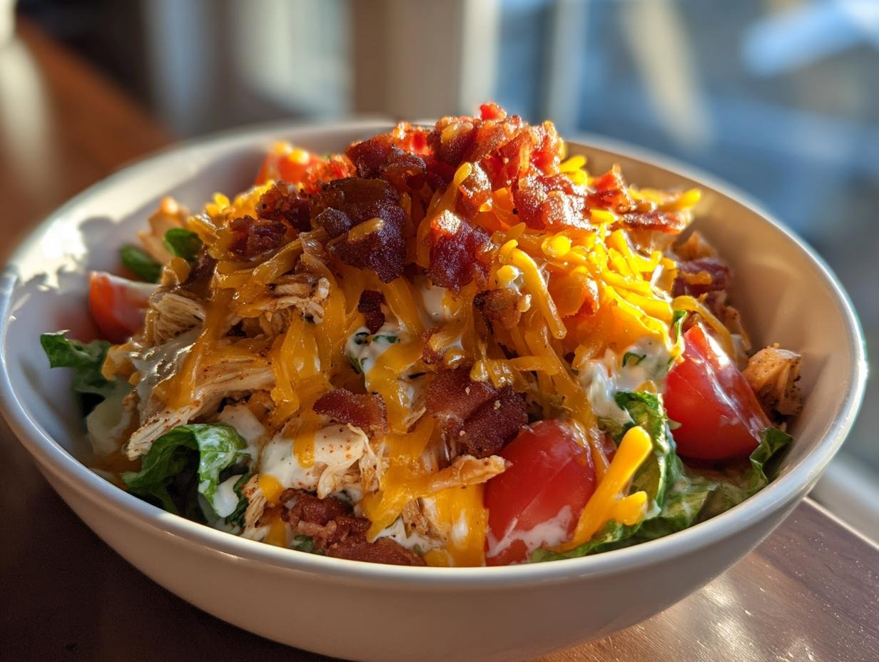 A close-up of an Irresistible Chicken Bacon Ranch Bowl topped with shredded chicken, cheddar cheese, bacon bits, and ranch dressing.