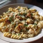 A close-up of Irresistible Chicken Caesar Pasta Salad Recipe Delight featuring fusilli pasta, grilled chicken chunks, and Parmesan cheese.