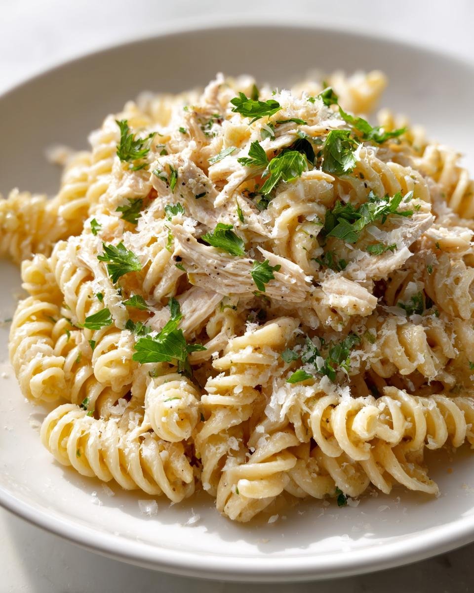 A close-up of Irresistible Chicken Caesar Pasta Salad Delight featuring fusilli pasta, shredded chicken, Parmesan, and fresh parsley.